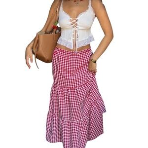 Rhythm blue red gingham tiered maxi skirt cottage western cowgirl cottagecore